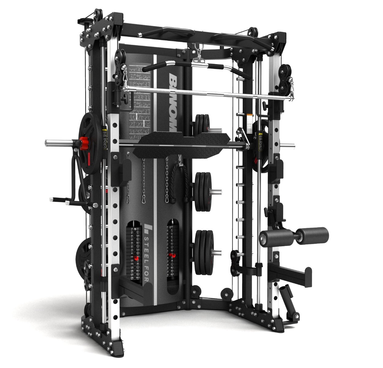 B14 Multigym, Polia Dupla (90,5 kg) Power Rack, Multipower, Leg Press, Row e acessórios