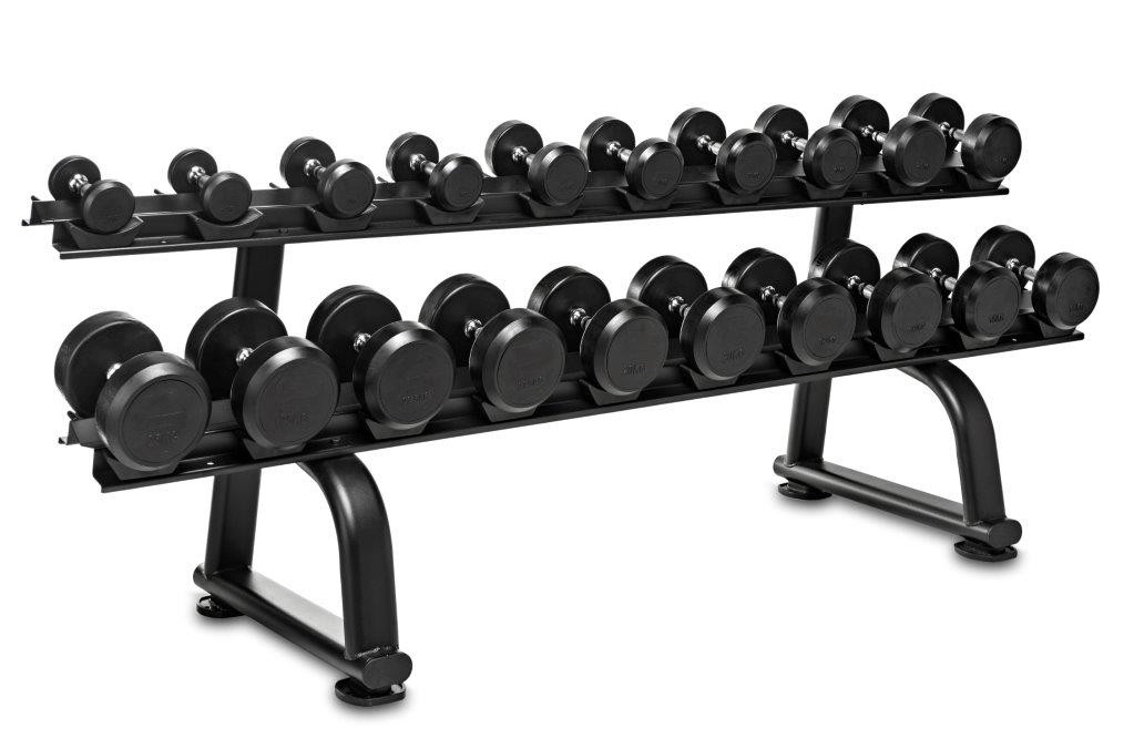 Pacote de rack Binom + conjunto de halteres de borracha de 2,5 a 25 kg (10 pares)